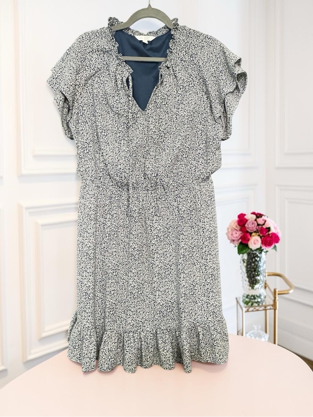LC Lauren Conrad Navy Floral Ruffle Dress Size L